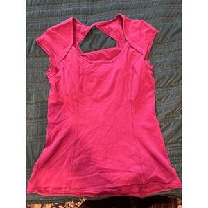 Prana Pink Cap Sleeve Cutout Back Yoga Top Athletic Shirt Women's Size L
